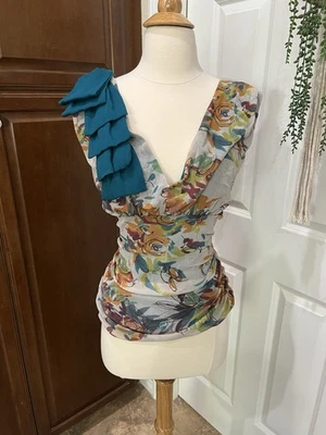 Vtg Y2K Sleeveless Babydoll Floral Top Ruffled Bow Sheer Lined Silk Contrast L - Image 1 of 4