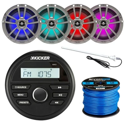 ROAD ENTERTAINMENT MARINE AUDIO BUNDLE Kicker 46KMC2 Marine Gauge-Style Bluetooth Receiver, 4x 6.5" 225W Speakers