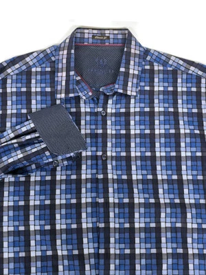 Bugatchi UOMO Men’s Shirt Classic Fit Blue White Size Large Club Flip Cuff - Image 1 of 4