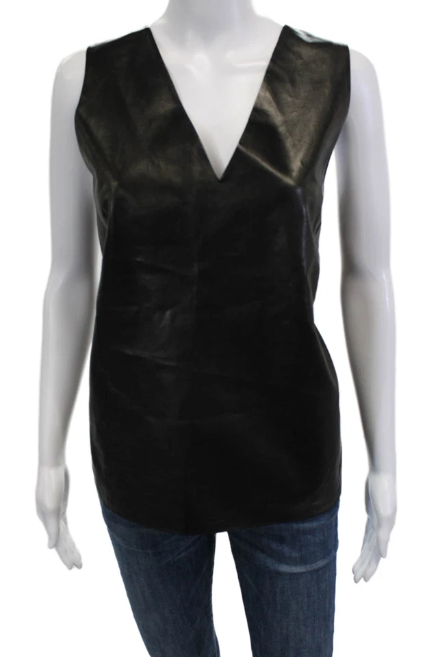 Regata Vince feminina preta de couro de cordeiro decote em V tamanho 12 - Imagem 1 de 4