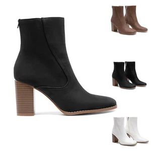 Classic Women’s Ankle Boots with Chunky Block Heel and Round-Toe Side Zipper - Picture 1 of 23