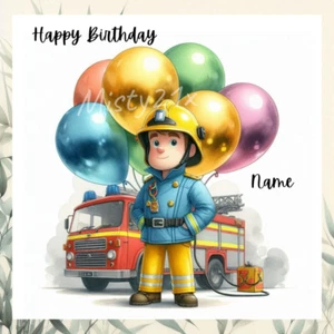 Personalised FIREMAN SAM Happy Birthday Greeting Card Fire Engine Hose Balloons - Picture 1 of 1