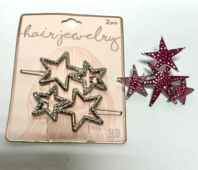 Stars Hair Barrette Vintage Patriotic Pink Rhinestone Brooch Pin Lot Of 2 - Image 1 of 4