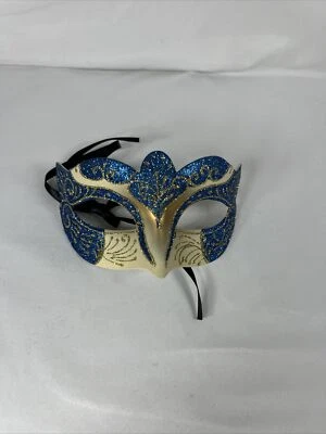 Masquerade Ball Mask Gold & Blue Mardi Gras Half Mask - Image 1 of 4