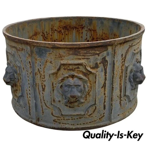 Cast Iron English Style 20" Round Lion Heads Black Outdoor Garden Planter Pot Cover