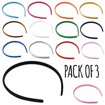 PACK OF 3 Alice Bands Girls Kids Headband Satin Women 1cm Ladies Solid Hair Thin