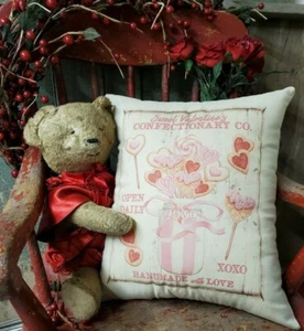 VINTAGE SHABBY PRIMITIVE VICTORIAN STYLE VALENTINE CANDY SHOP STORE PILLOW - Picture 1 of 11