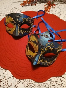 NWOT Genuine Venetian Masks (2) Made in Italy Masquerade Costume Blue Black Gold - Picture 1 of 5
