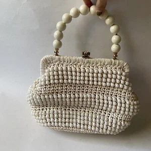 Vintage Walborg Italy cream white bead and radiant straw frame purse - Picture 1 of 20