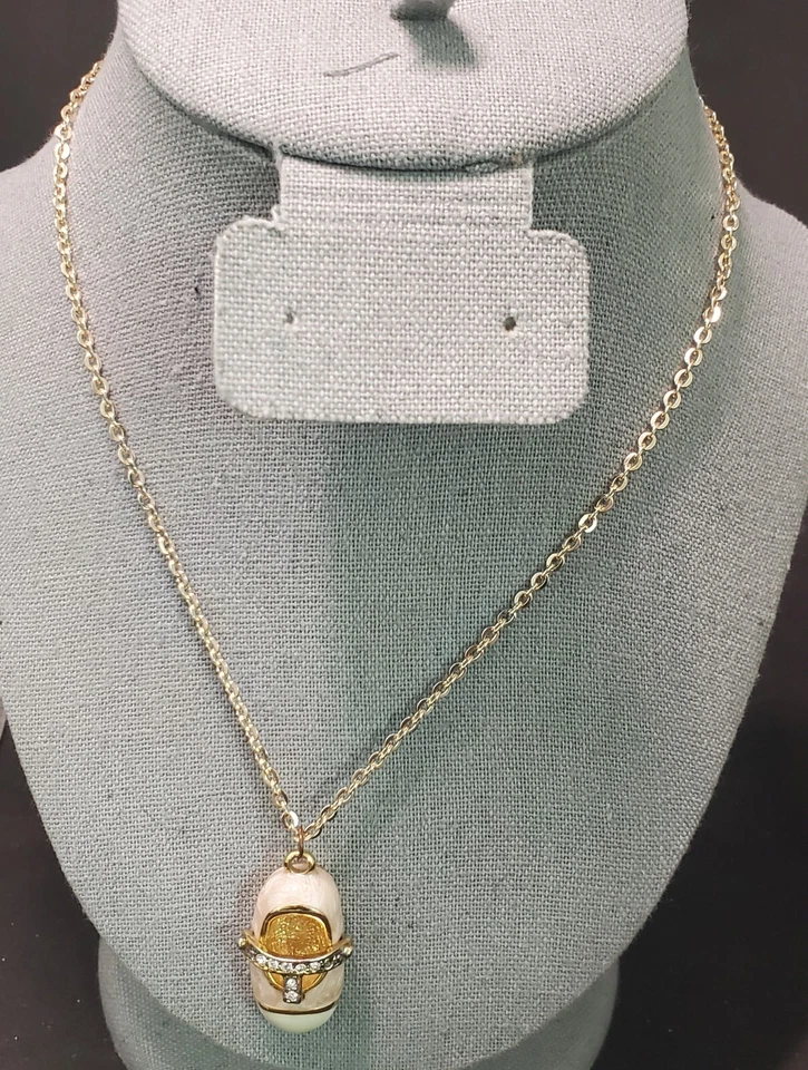 Baby Shoe, Pink & White Enamel Over Gold Tone, Rhinestone Necklace 18" Marked - Image 1 of 4