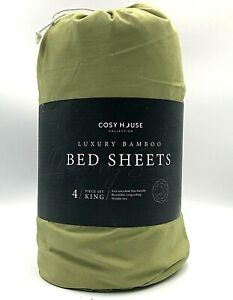 Cosy House Luxury Bamboo KING Bed Sheet Set 4 Piece Set SAGE GREEN NEW