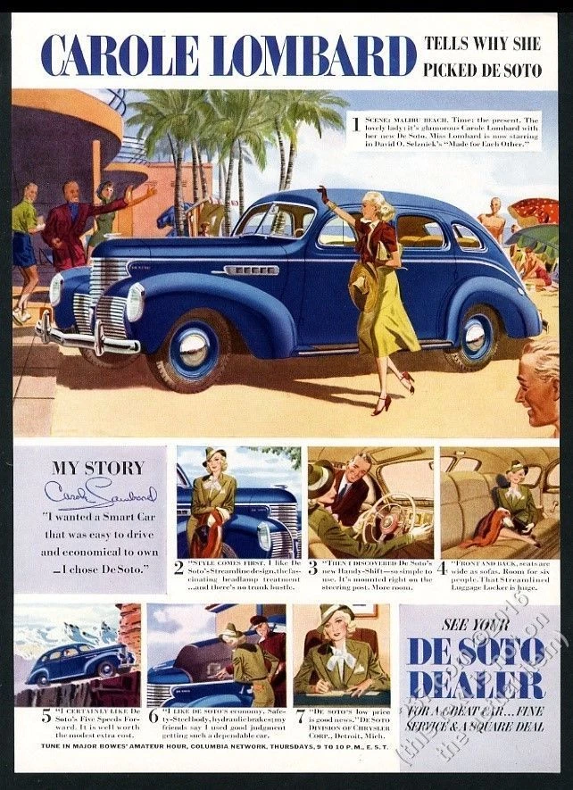 DeSoto 1939 cupé coche azul Carole Lombard en Malibú NYer anuncio impreso vintage Foto 1 de 1