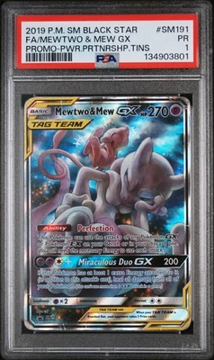 2019 POKEMON SM BLACK STAR PROMO #SM191 FULL ART/MEWTWO & MEW GX PSA 1 - Image 1 of 2