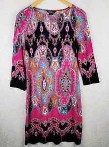 Bohemian Dress 8 Midi Knit Sheath 3/4 Sleeve Black Colorful Paisley Cottagecore - Picture 1 of 7