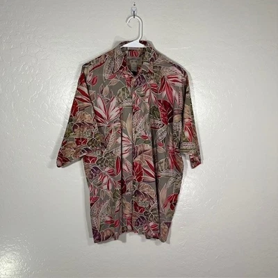 竹制 Cay 衬衫男式中号红色绿叶印花 100% 棉草坪度假装 — 第 1/4 张图片
