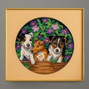 🖼️ VINTAGE Framed - Needlepoint Artwork – Jack Russell Terrier Trio (37x37cm) - Bild 1 von 13