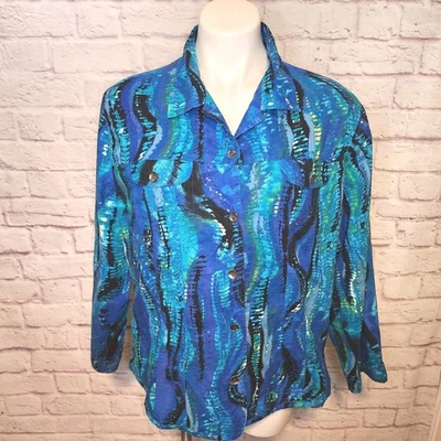 Chaqueta Chico’s Talla 3 XL Azul Lentejuelas Botón Abstracto Años 90 Declaración Y2K De Colección  Foto 1 de 4