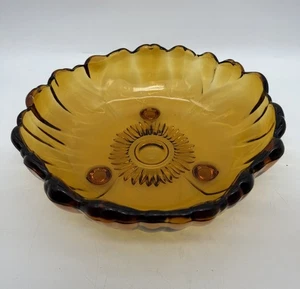 VTG Dark Amber Indiana Glass Co. Thick Bowl w/ 3 Legs Footed Scalloped Sunflower - Picture 1 of 8