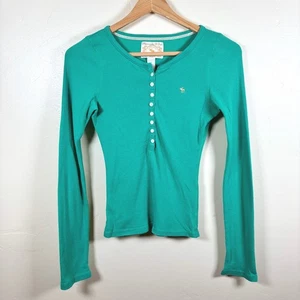 VTG Y2K Abercrombie & Fitch Ribbed L/S Fitted Henley Top Juniors M Green Moose - Picture 1 of 8