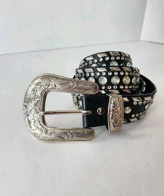 Cinturón BOCA RATON STK RESORT De Colección EMMON Cuero Negro Lt Verde Tachuelas 42" Largo DEFECTUOSO Foto 1 de 4