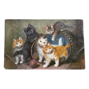 Postal de colección de gatitos - escena de cesta e hilo impresa en Alemania - enviada por correo a MI - Imagen 1 de 2