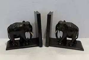 PAIR OF ANTIQUE CARVED EBONY ELEPHANT BOOKENDS - Picture 1 of 10