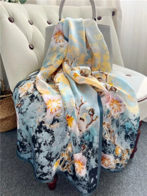 Bufanda 100 % seda para mujer grande larga bufanda chal envoltura diseño de flores bufanda rectangular Foto 1 de 4