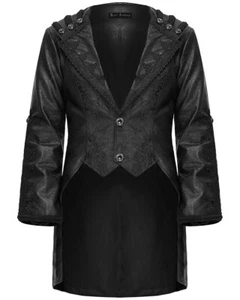 Devil Fashion Mens Gothic Steampunk Tailcoat Jacket Black Faux Leather Jacquard - Picture 1 of 12
