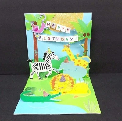 Happy Birthday Jungle Greeting Card 3D Pop Up Zebra Lion Monkey Elephant Giraffe - Image 1 of 4
