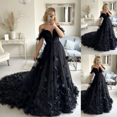 Gothic Black Wedding Dresses Off the Shoulder 3D Flower Sweep Train Bridal Gowns - Image 1 of 4