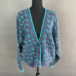 Vintage Paris Sports Club V-Neck Teal Blue Cardigan Shaggy Sweater Size Large - Imagen 1 de 6