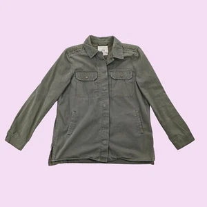 H&M L.O.G.G. Studded Twill Shacket Women Snap-Up Long Sleeve Olive Green Size 8 - Picture 1 of 7