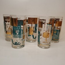5 Vtg Cera Ned Harris Gold Turquoise White Travel Themed MCM Highball Tumblers
