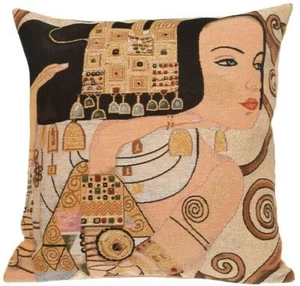 BELGIAN TAPESTRY KLIMT EXPECTATION CUSHION PILLOW COVER + LUREX/GOLD THREAD, 18" - Picture 1 of 6