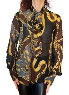 BLUSA DE GASA DE SEDA HALE BOB BUFANDA CON ESTAMPADO DE CADENA DORADA MANGA LARGA S Foto 1 de 4