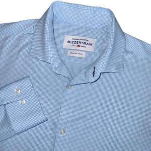 Mizzen+Main Spinnaker Blue Gingham Trim Fit Button Shirt Medium Tall Performance - Picture 1 of 11