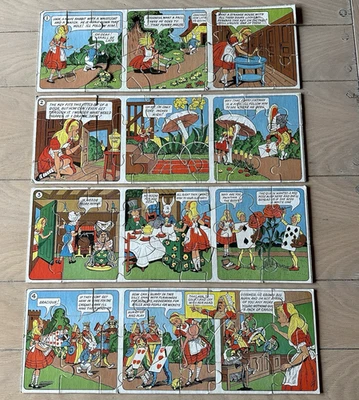 1950s Alice in Wonderland Parker Bros 4 Strip Comic Jigsaw Puzzle 64 pc Complete - Image 1 of 4