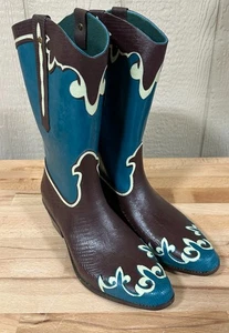 DAV Western Rain Rubber Boots size 11 EUR 41 NWT ladies calico turquoise - Picture 1 of 8