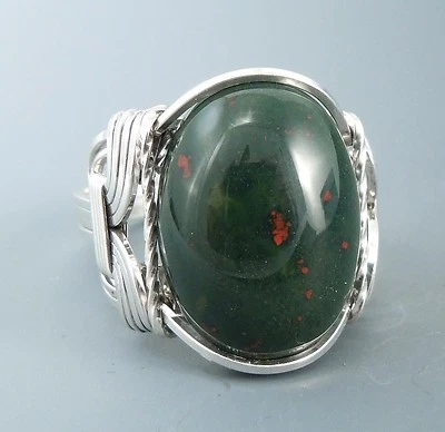Sterling Silver Heliotrope Bloodstone Cabochon Wire Wrapped Ring - Image 1 of 4