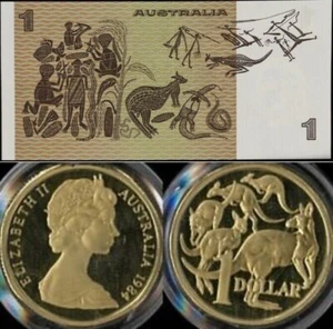 1982-1984 Australia First & Last $1 Coin & Paper Banknote Queen Elizabeth issues - Foto 1 di 2