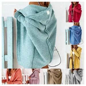 Winter Womens Knitted Cardigan Chunky Hooded Open Front Sweater Coat Oversized - Picture 1 of 23