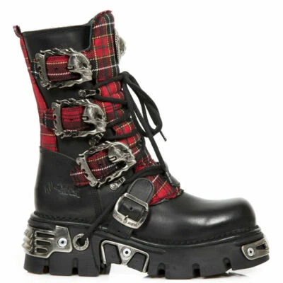 New Rock Boots 391T-S1 Unisex Tartan Metallic Black Leather Platform Goth Boot  - Image 1 of 4