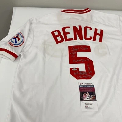 Johnny Bench Signed Inscribed Cincinnati Reds STAT Mitchell & Ness Jersey JSA - Image 1 of 4