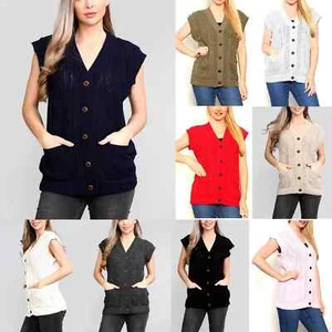 Ladies Waistcoat Sweater Womens Sleeveless Button Cable Knitted Grandad Cardigan - Picture 1 of 21