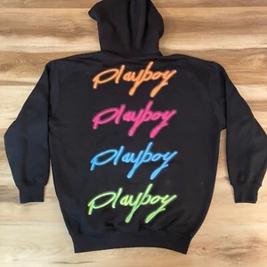 Playboy x Missguided Hoodie Womens Large Black Sweatshirt Script Neon Bunny - Picture 1 of 12