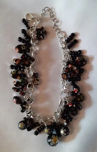BRACELET BLACK MILLIFIORE ROUND BEAD CHARMS SP CHAIN/EXT 7 1/2" HAND MADE I OFF - Picture 1 of 1