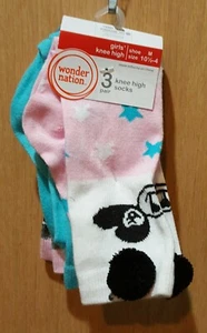 Wonder Nation 3-Pack Multi-Color Panda Knee-High Socks w/Poms, Kid Size M & L - Picture 1 of 3