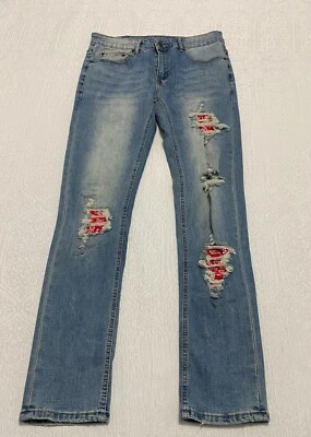 Pantalones de mezclilla Y&R Young imprudentes para hombre 30 azules rasgados rasgados parche desgastado ajustados Foto 1 de 4