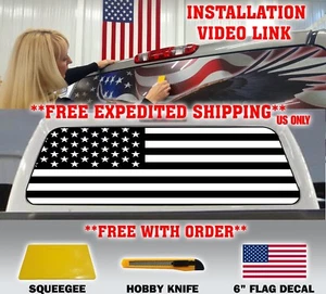 AMERICAN FLAG BLACK & WHITE PICK-UP TRUCK REAR WINDOW GRAPHIC DECAL PERFORATED - Picture 1 of 6