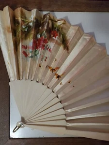 Vintage Japanese Hand Folding Fan 13" Floral Silk - Picture 1 of 5